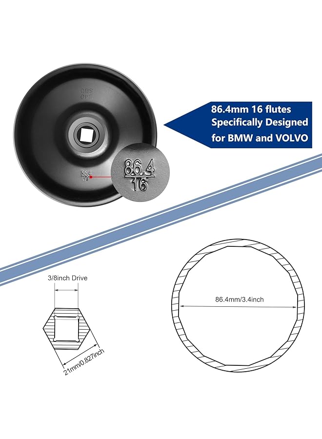 86.4Mm 16 Flutes Oil Filter Wrench For Bmw With 86Mm Cartridge Style Filter Housing Caps, Housing Cap Removal Tool To Change Oil, Socket Wrench Kit (Black)  - Image 3