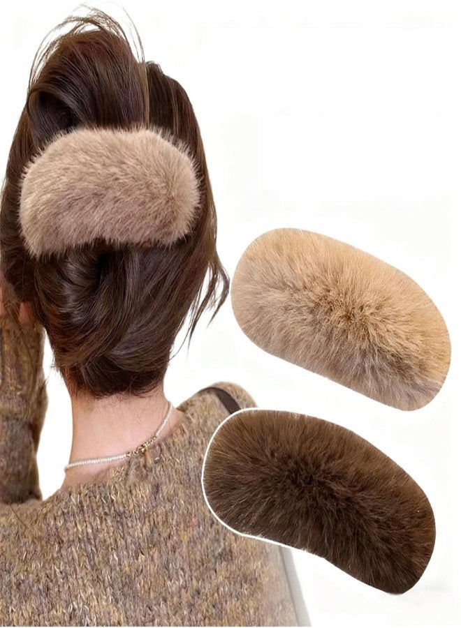 Melodio 2Pcs Winter Furry Twist Hair Claw Clip - Soft Fluffy Hair Accessory for Women, Non-Slip Secure Grip for Thick Hair (Brown + Dark brown) - Image 1