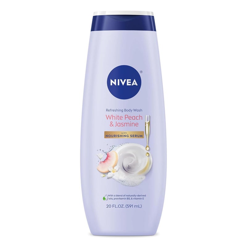Nivea غسول الجسم المنعش من نيفيا بنكهة الخوخ الأبيض والياسمين مع سيروم مغذي، غسول للجسم معطر للنساء، غني بفيتامين B5 و فيتامين E، زجاجة سعة 20 أونصة سائلة