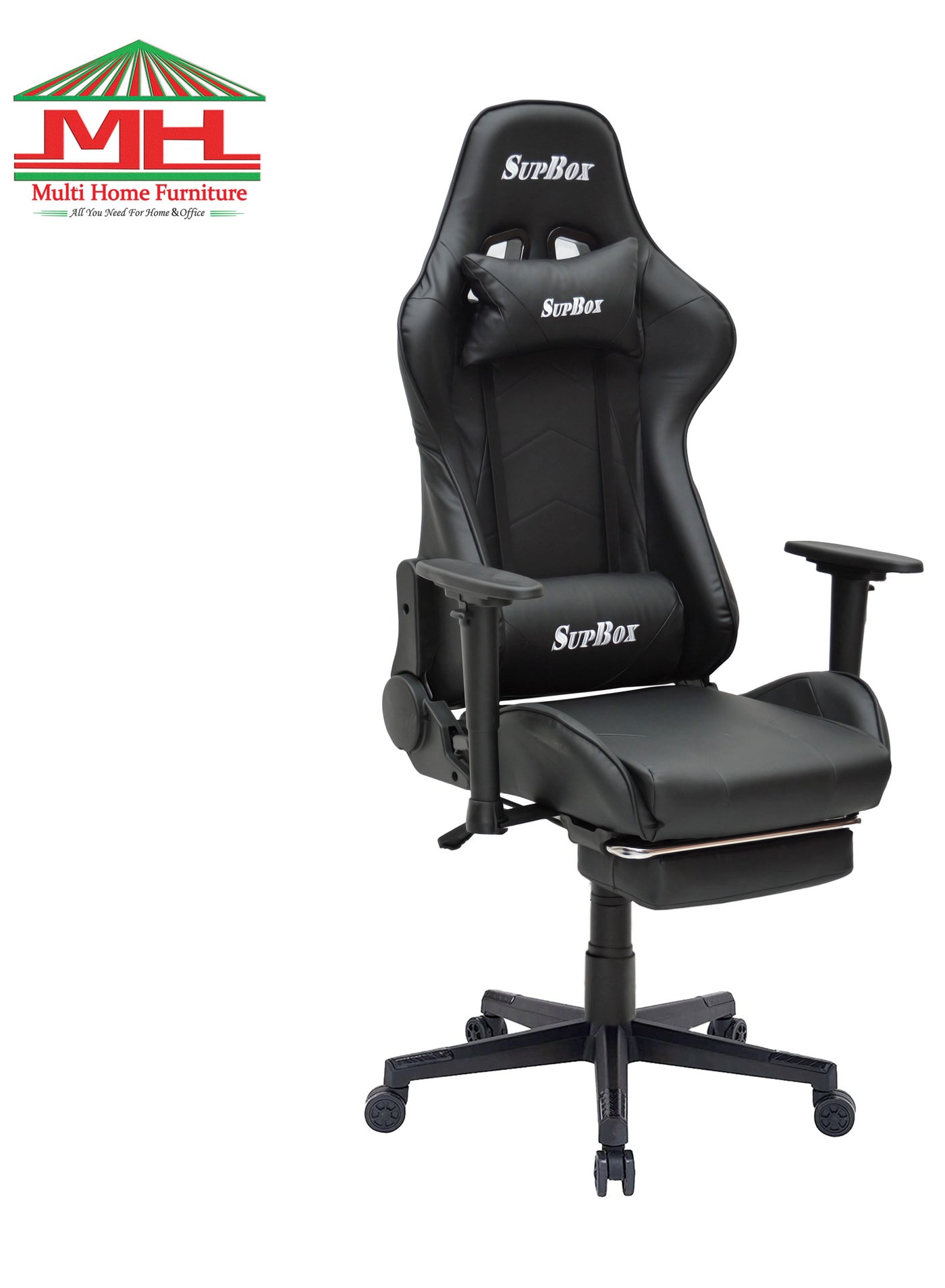 Multi Home Furniture Black Gaming Chair – Ergonomic Chair with Foot Rest & Recliner Chair Function | High-Back Office Chair with Lumbar & Headrest Support | PU Leather 360° Swivel Chair for Home