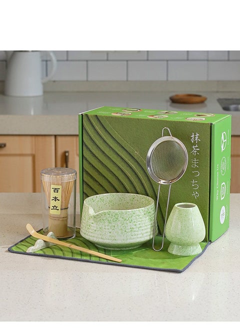 7-Piece Matcha Tea Set Matcha Whisk Set Include Matcha Bowl, Matcha Whisk, Matcha Spoon,Tea Sifter,Whisk Holder,Bowl mat, Matcha Preparation Tools Gifts Kit， Perfect for family gaterings 【Matcha color】