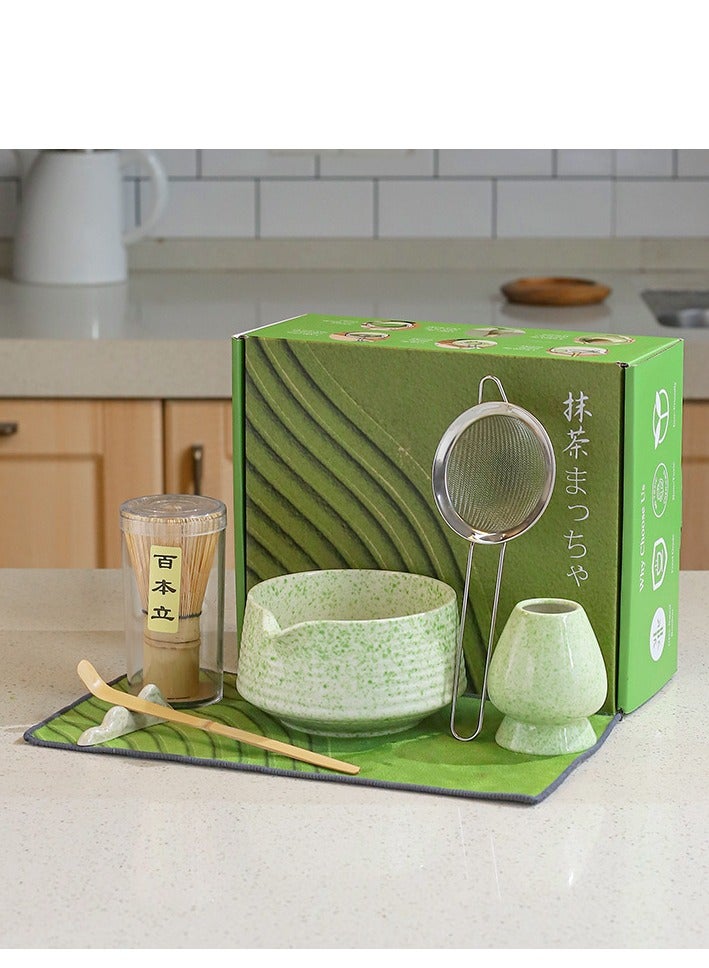 FLYHSO 7-Piece Matcha Tea Set Matcha Whisk Set Include Matcha Bowl, Matcha Whisk, Matcha Spoon,Tea Sifter,Whisk Holder,Bowl mat, Matcha Preparation Tools Gifts Kit， Perfect for family gaterings 【Matcha color】 - Image 1