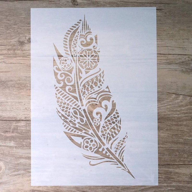 SLGIFT DIY Decorative Mandala Feather Stencil Template for Scrapbooking Painting on Walls Furniture Crafts (A2 Size) - Image 1