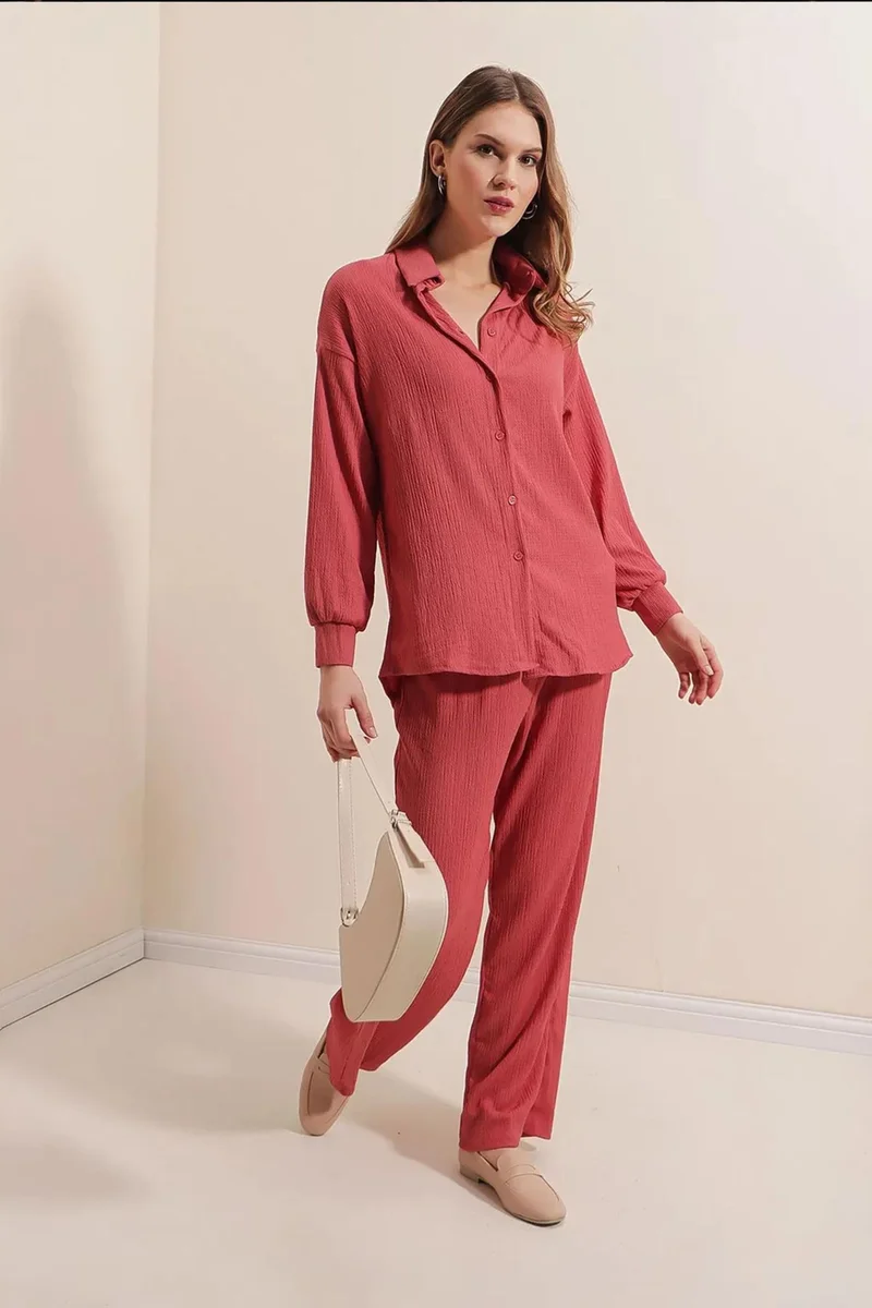 Big Dart Dusty Rose Pink BDART Textured Long Sleeve Knit Shirt & Pants Knitted Co-ord Set for Women | Best Price UAE