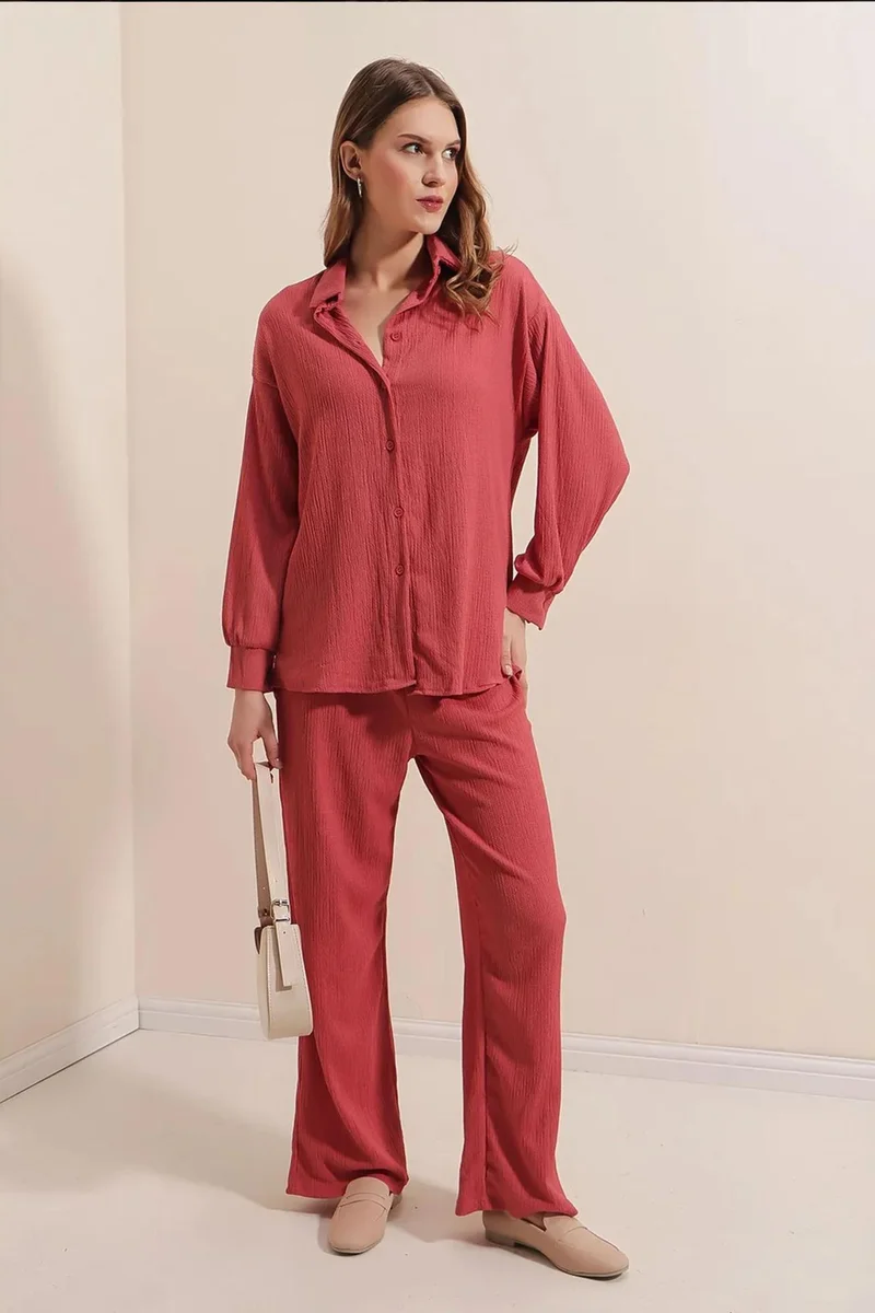 Big Dart Dusty Rose Pink BDART Textured Long Sleeve Knit Shirt & Pants Knitted Co-ord Set for Women | Best Price UAE