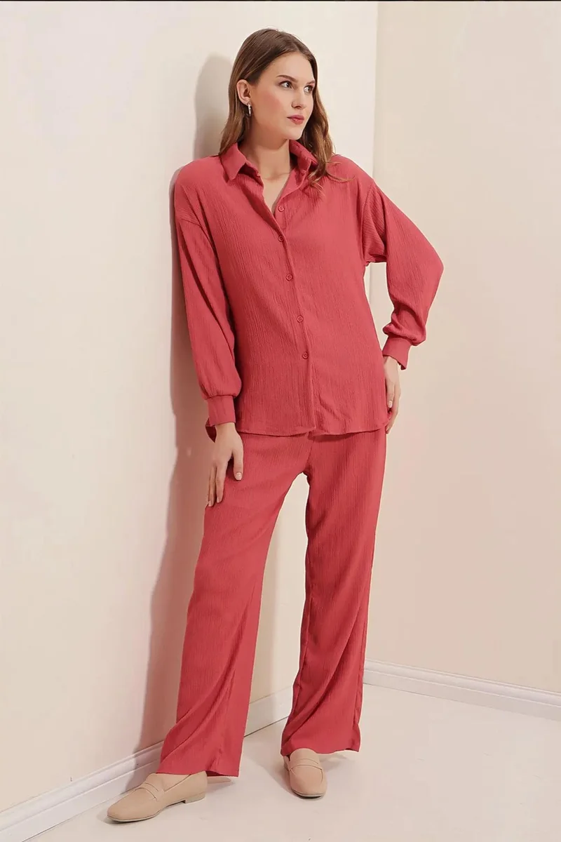 Big Dart Dusty Rose Pink BDART Textured Long Sleeve Knit Shirt & Pants Knitted Co-ord Set for Women | Best Price UAE