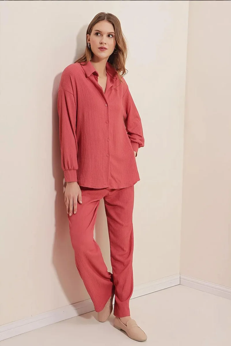 Big Dart Dusty Rose Pink BDART Textured Long Sleeve Knit Shirt & Pants Knitted Co-ord Set for Women | Best Price UAE