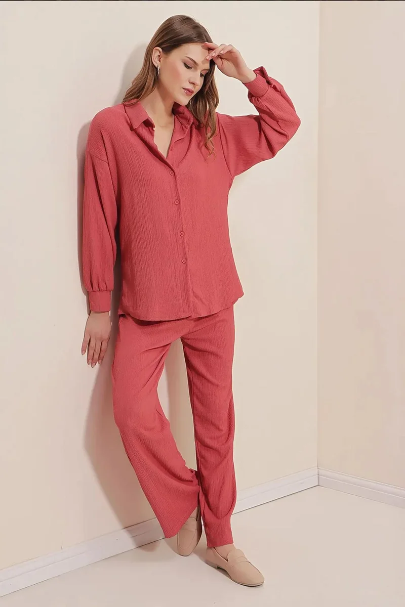 Big Dart Dusty Rose Pink BDART Textured Long Sleeve Knit Shirt & Pants Knitted Co-ord Set for Women | Best Price UAE