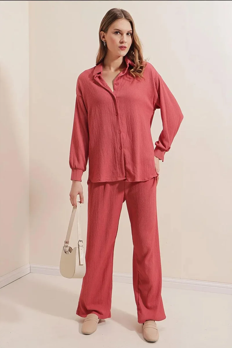 Big Dart Dusty Rose Pink BDART Textured Long Sleeve Knit Shirt & Pants Knitted Co-ord Set for Women | Best Price UAE