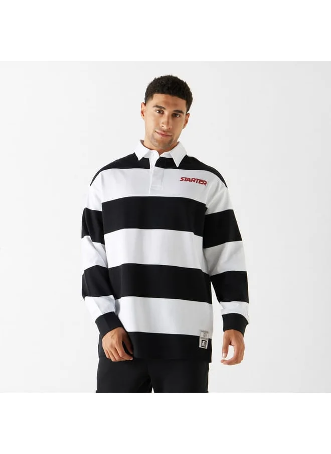 STARTER Starter Logo Print Striped Collared T-shirt with Long Sleeves