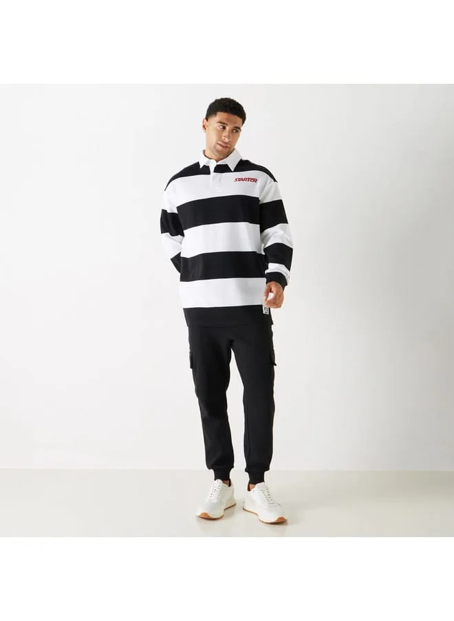 STARTER Starter Logo Print Striped Collared T-shirt with Long Sleeves