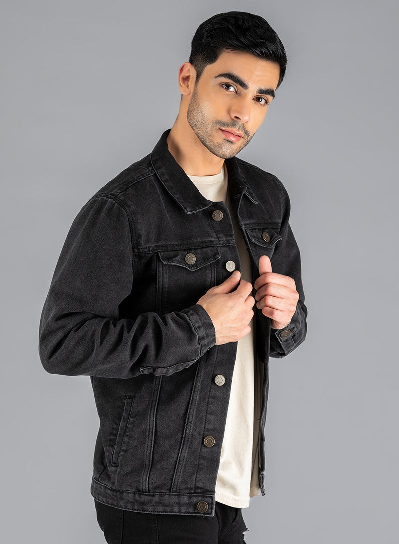 Dennis Lingo Regular Fit Black Men's Washed Denim Jacket, Full Sleeves, Spread Collar, Casual, Button Closure - Image 3