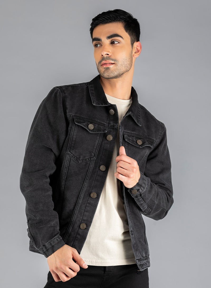 Dennis Lingo Regular Fit Black Men's Washed Denim Jacket, Full Sleeves, Spread Collar, Casual, Button Closure - Image 1