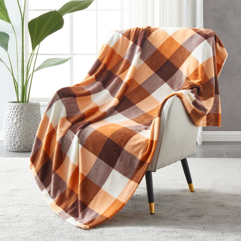 SOCHOW Buffalo Plaid Flannel Fleece Throw Blanket 50 x 60 Inches Soft Lightweight Cozy All Season Orange Checkered Blanket for Bed Couch Car