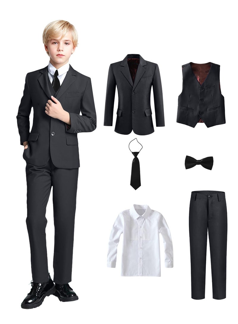 Yanlu Boy Suit Slim Fit Formal Tuxedo 6 Piece Suit Set with Jacket Vest Pants Dress Shirt for Toddler Kids Ring Bearer Outfit Dark Grey Dress Suits Size 10 - Image 1