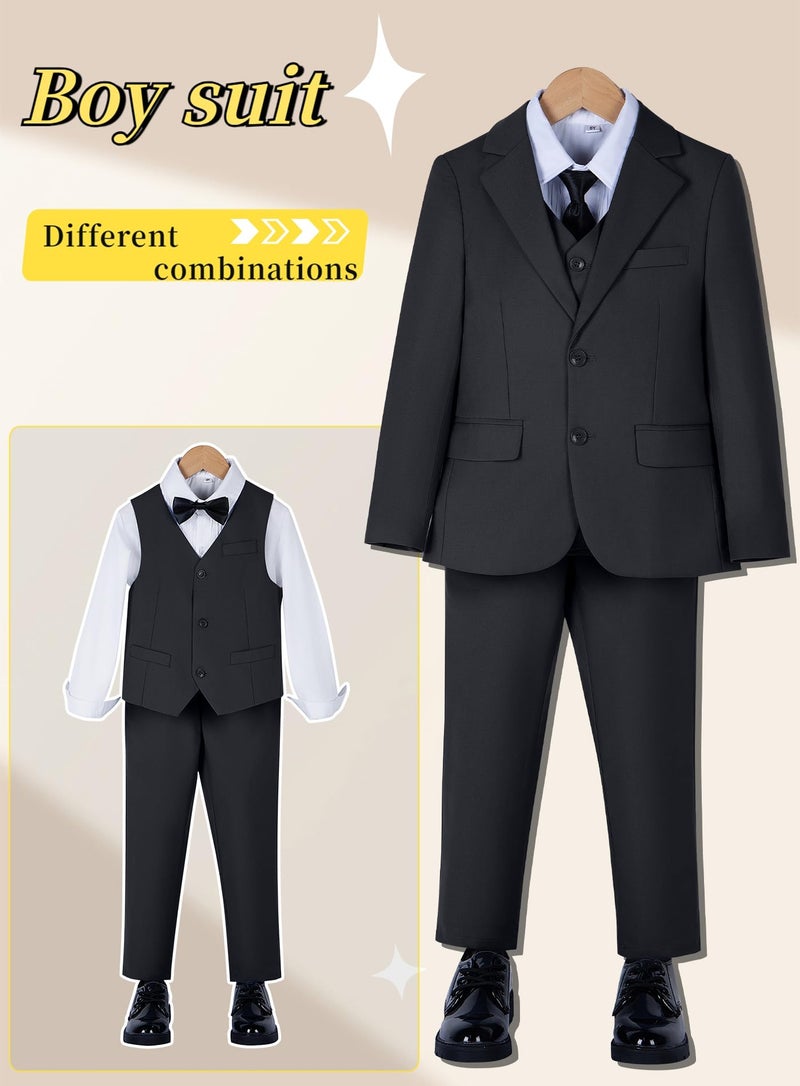 Yanlu Boy Suit Slim Fit Formal Tuxedo 6 Piece Suit Set with Jacket Vest Pants Dress Shirt for Toddler Kids Ring Bearer Outfit Dark Grey Dress Suits Size 10 - Image 2