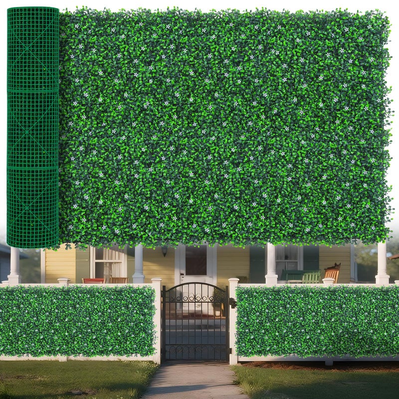 Yangrass Boxwood Roll Panels with White Flower, 48"x120" (40 sqft) Artificial Ivy Privacy Fence Screen, UV-Anti Faux Boxwood Roll Grass Wall Panels for Garden Patio Balcony Decor - Image 1