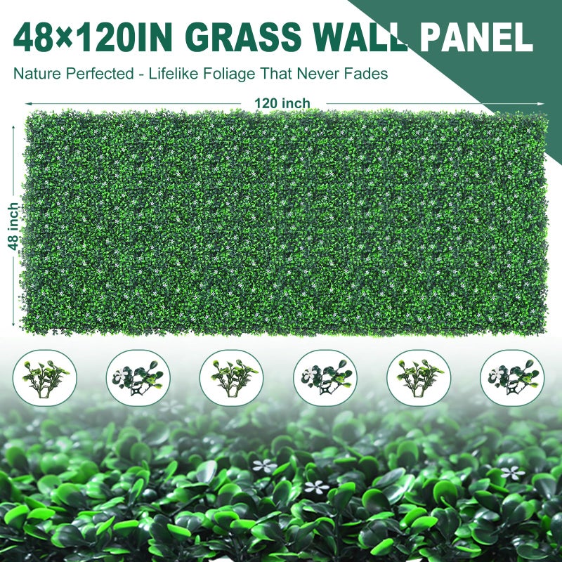 Yangrass Boxwood Roll Panels with White Flower, 48"x120" (40 sqft) Artificial Ivy Privacy Fence Screen, UV-Anti Faux Boxwood Roll Grass Wall Panels for Garden Patio Balcony Decor - Image 3