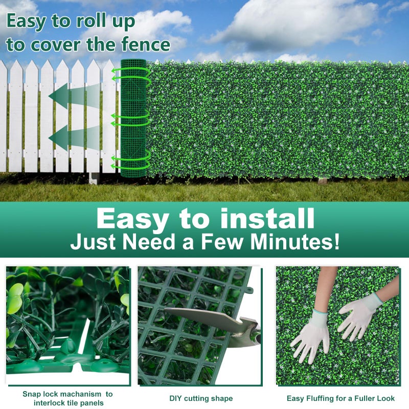 Yangrass Boxwood Roll Panels with White Flower, 48"x120" (40 sqft) Artificial Ivy Privacy Fence Screen, UV-Anti Faux Boxwood Roll Grass Wall Panels for Garden Patio Balcony Decor - Image 4