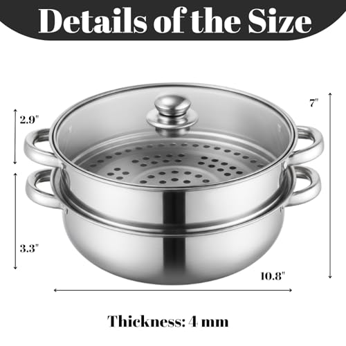 ZENFUN Steamer Pot With Lid 2 Tier, Multipurpose Stainless Steel Steaming Pot, Steam Pots With Handle For Vegetable, Dumpling, Food, 11 Inch（Thickened） - Image 2