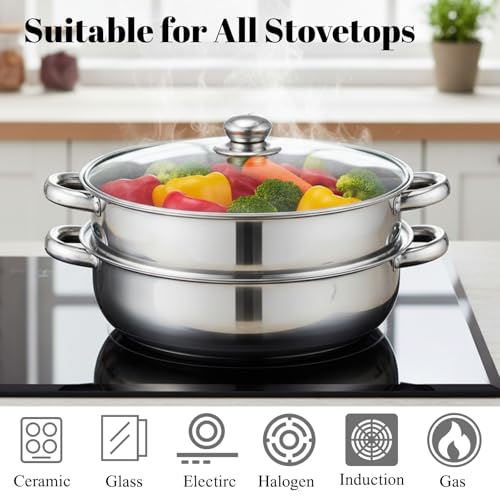 ZENFUN Steamer Pot With Lid 2 Tier, Multipurpose Stainless Steel Steaming Pot, Steam Pots With Handle For Vegetable, Dumpling, Food, 11 Inch（Thickened） - Image 4