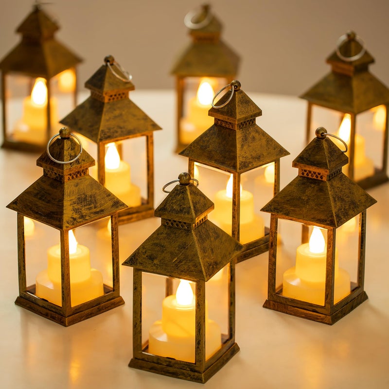 Romadedi Mini Lanterns Decorative for Centerpiece -10 PCS Hanging Small Gold Lantern Bulk with Flickering LED Candles for Wedding Table Decor Halloween Decorations Christmas, Batteries Included - Image 1