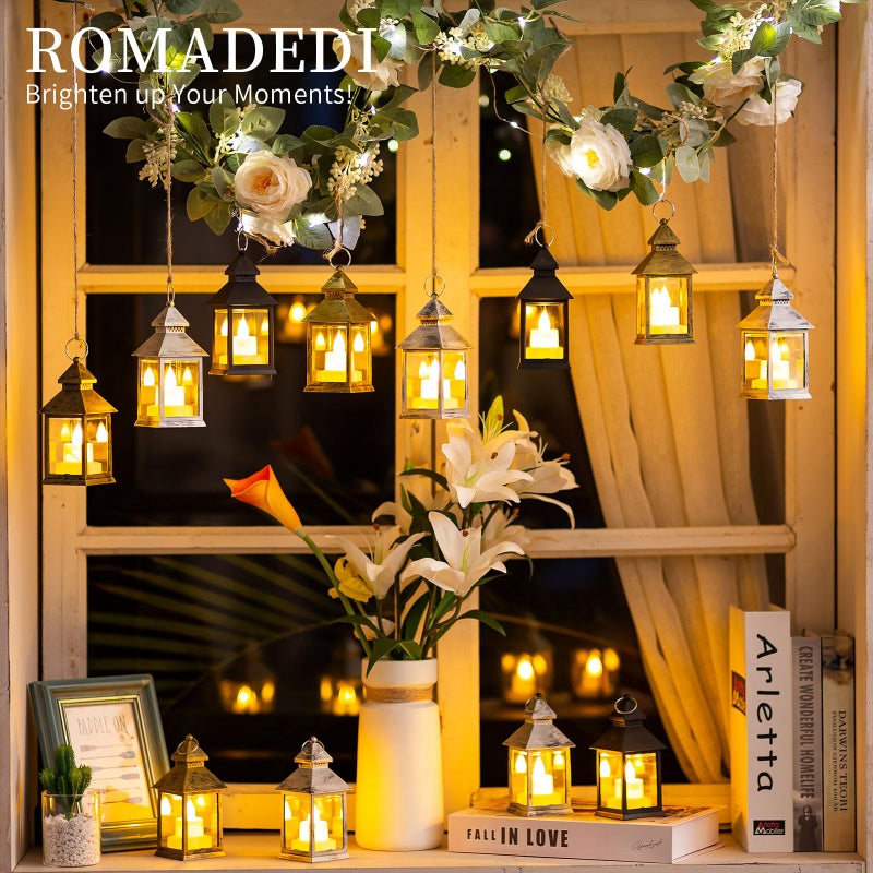 Romadedi Mini Lanterns Decorative for Centerpiece -10 PCS Hanging Small Gold Lantern Bulk with Flickering LED Candles for Wedding Table Decor Halloween Decorations Christmas, Batteries Included - Image 3
