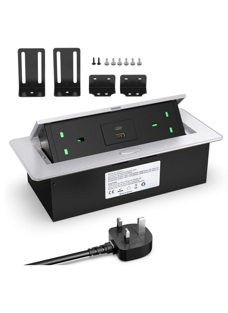 Recessed Power Socket with USB C PD20W, Desk Power Socket with USB, Aluminum Recessed Pop Up Socket for Desk Worktop 1.8M Cable, Aluminum(3250W/13A)