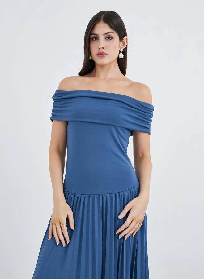 Styli Styli Solid Off Shoulder Gathered Detail A-Line Midi Dress