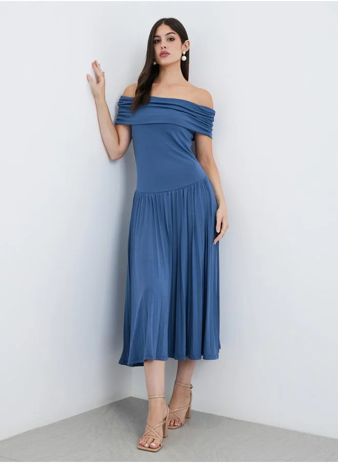 Styli Styli Solid Off Shoulder Gathered Detail A-Line Midi Dress