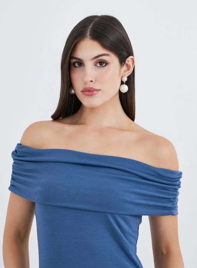 Styli Styli Solid Off Shoulder Gathered Detail A-Line Midi Dress