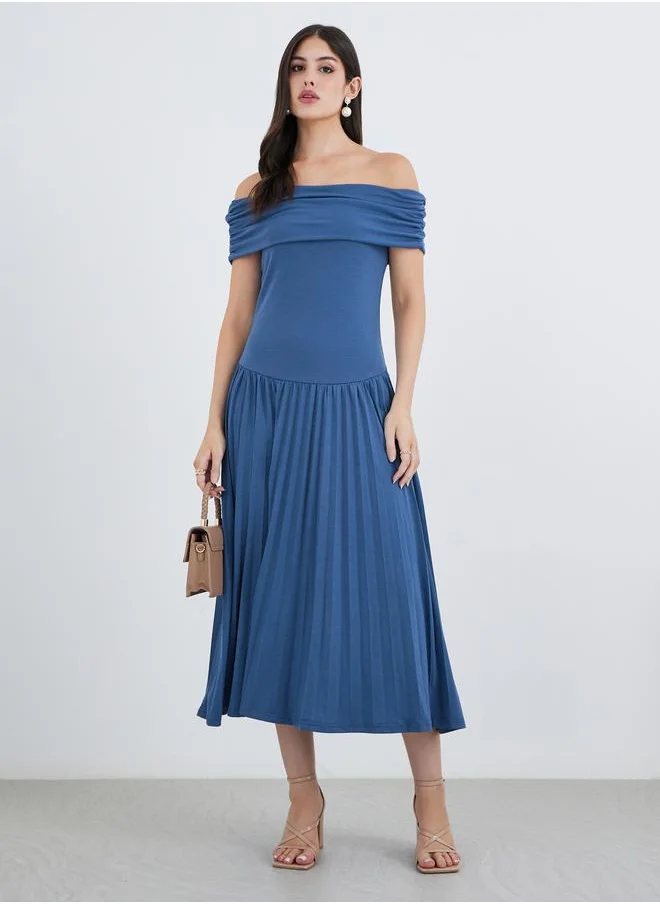 Styli Styli Solid Off Shoulder Gathered Detail A-Line Midi Dress