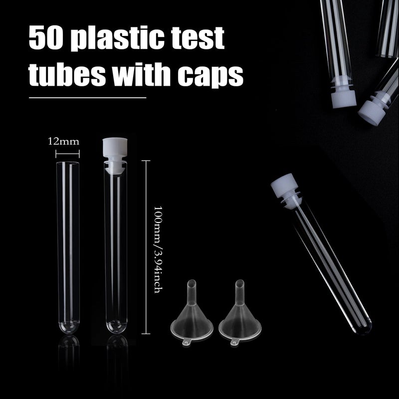 Lainrrew 50 Pcs Test Tubes, Clear Plastic Test Tubes with Caps & 2 Funnels for Scientific Experiments, Candy Beads Sample Storage, Kids Party Supplies, Halloween, Christmas (12 x 100mm) - Image 2
