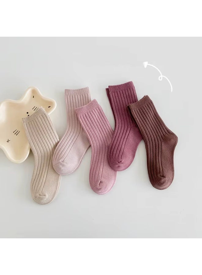 Lion Llama Baby Girl Ribbed Crew Socks Set of 5 Pairs | Soft Cotton Blend Mid-Calf Socks for Toddlers & Kids | Solid & Ombre Color Design