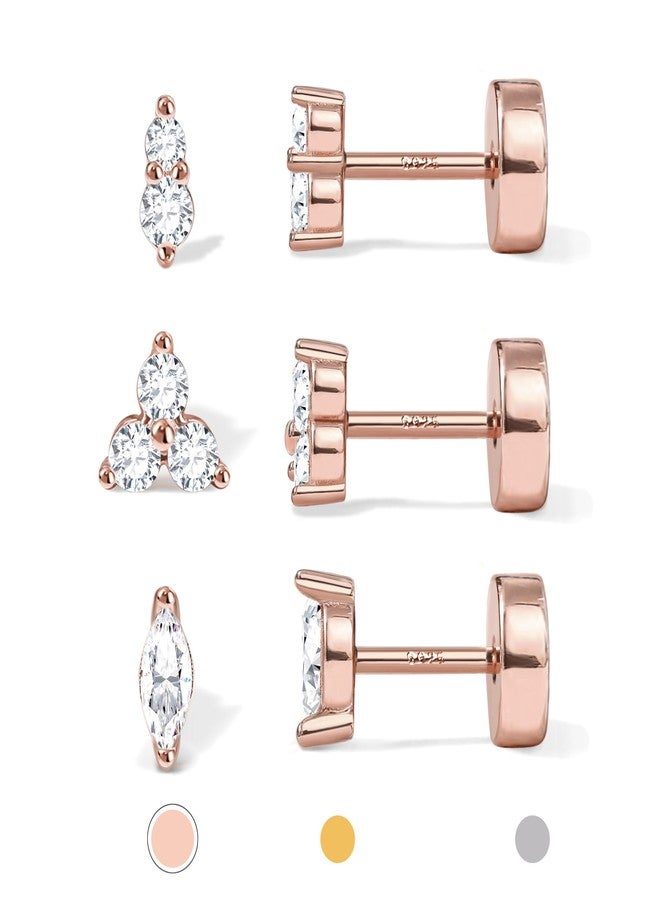 GEMQUEEN 14K Gold Plated Solid 925 Sterling Silver Post Flat Back Earrings Stud | Cartilage Helix Conch Tragus Piercing Jewelry 3 Pairs Tiny Screw Dainty CZ Opal Earring Set Men Women, Style C, Sterling Silver - Image 1