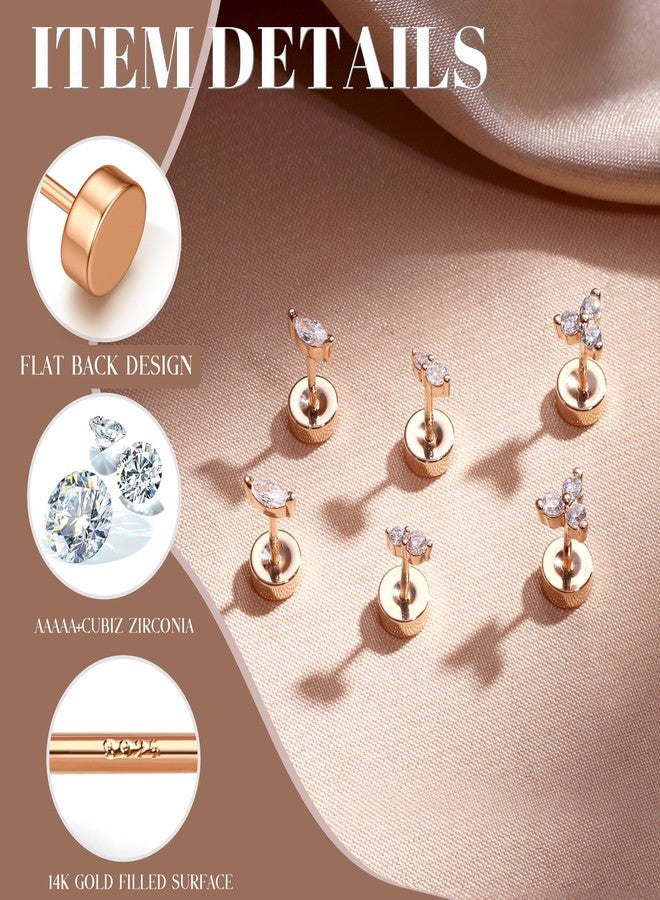GEMQUEEN 14K Gold Plated Solid 925 Sterling Silver Post Flat Back Earrings Stud | Cartilage Helix Conch Tragus Piercing Jewelry 3 Pairs Tiny Screw Dainty CZ Opal Earring Set Men Women, Style C, Sterling Silver - Image 2