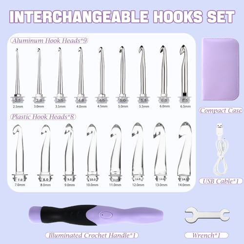 Lewhoo 17 Sizes Lighted Crochet Hooks Set 25mm140mm Metal Crochet Hook with Interchangeable Crochet Head - Image 3