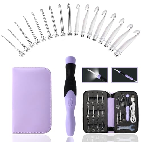 Lewhoo 17 Sizes Lighted Crochet Hooks Set 25mm140mm Metal Crochet Hook with Interchangeable Crochet Head - Image 1