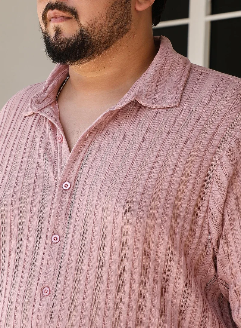 Instafab Plus Instafab Plus Men's Rouge Pink Ridge Knit Shirt For Casual Wear | Spread Collar | Short Regular Sleeves | Button Closure | Plus Size Shirt Crafted With Comfort Fit For Everyday Wear