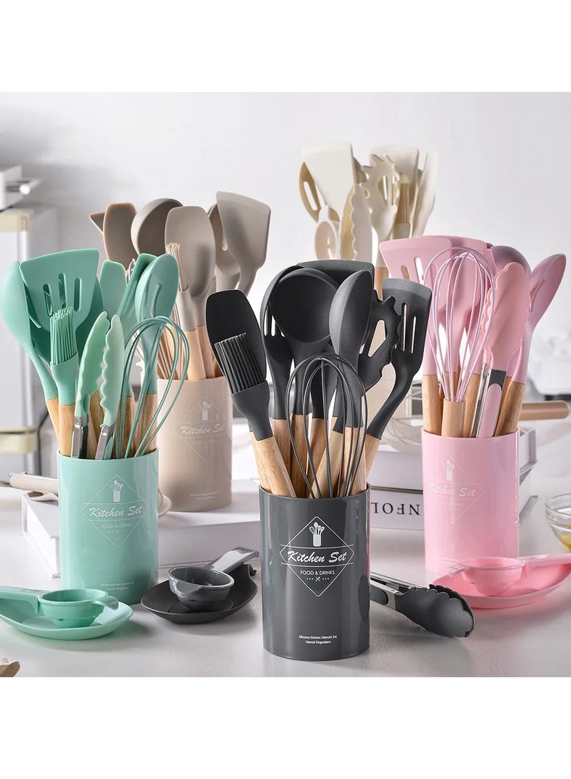 AROAQ Silicone Kitchen Utensils Set With Wooden Handle And Storage Bucket, Heat Resistant Silicone Kitchen Spatulas Set, Pink 12pc  - Image 3