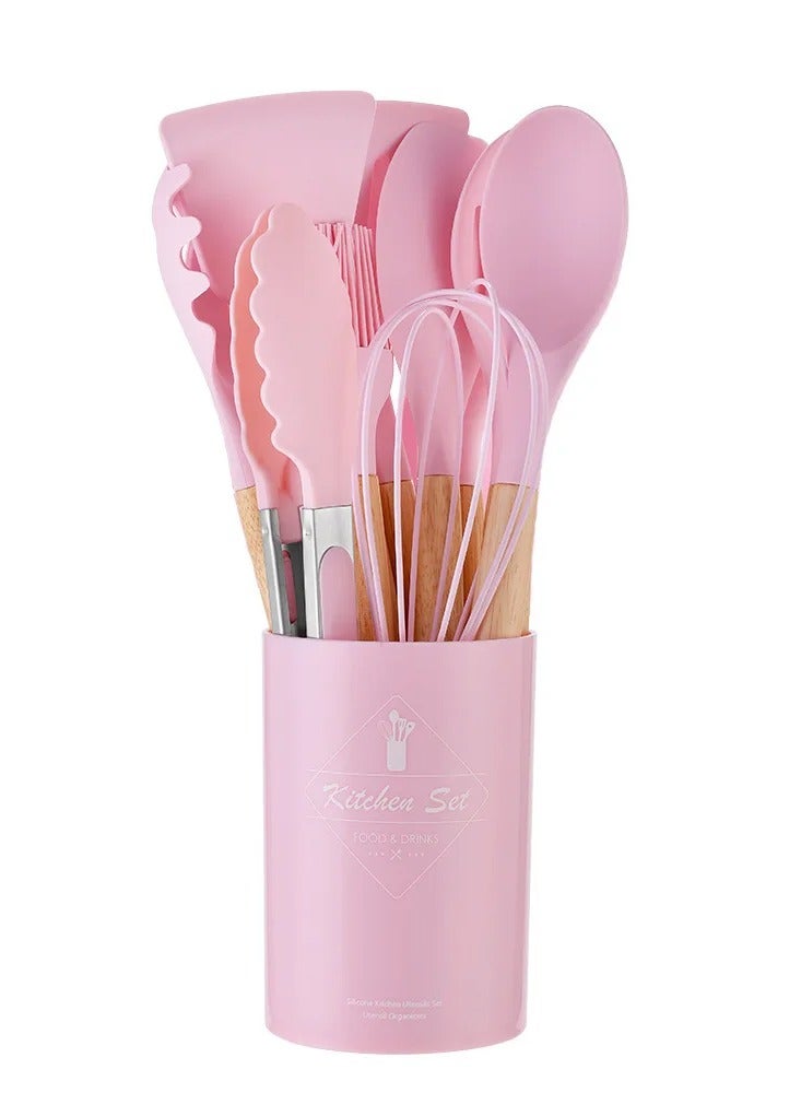AROAQ Silicone Kitchen Utensils Set With Wooden Handle And Storage Bucket, Heat Resistant Silicone Kitchen Spatulas Set, Pink 12pc  - Image 1