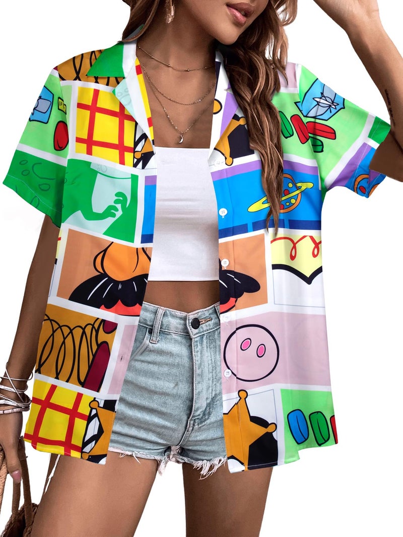 MAXIMGR Magical Shirts for Women You've Got A Friend in Me Shirt Hawaiian Castle Tshirt Cute Family Vacation Button Up Tops Brown - Image 1