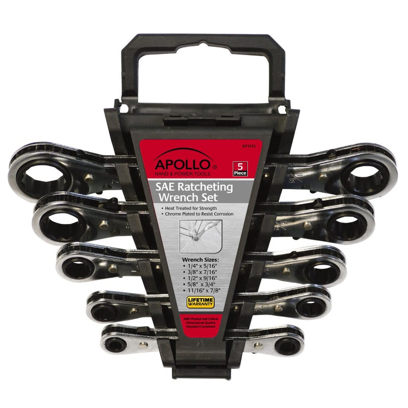 Apollo TOOLS 5 Piece SAE Steel Ratcheting Wrench Set includes 5 Ratcheting Wrenches in Quick Release Case for Trunk, Garage and on the Road - DT1212 - Image 1