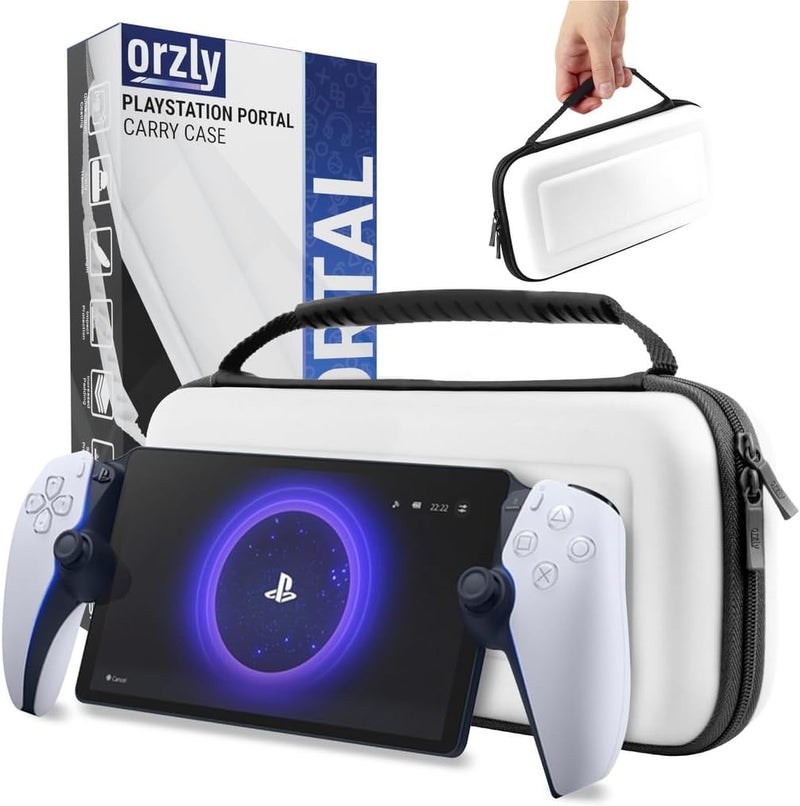 Orzly Carry Case designed for Playstation Portal remote player for PS5 Console hold accessories and offers Travel and Storage Protection for headset charger headset & more - WHITE/BLACK - Gift box edition - Image 1