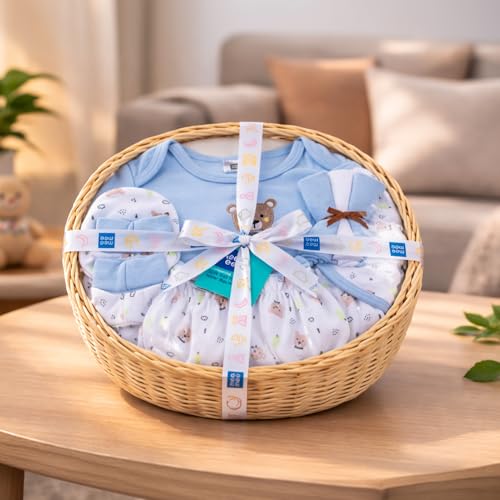 Mee Mee New Born Basket Baby Gift Set | Soft Cotton Clothing Essentials for Infants/Baby Girls, Boys | Baby Shower Clothing Hamper | 8 Pieces | (Round, Blue) - Image 1