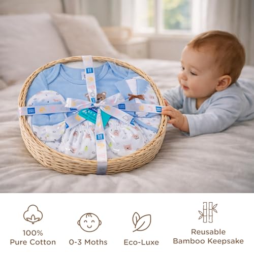 Mee Mee New Born Basket Baby Gift Set | Soft Cotton Clothing Essentials for Infants/Baby Girls, Boys | Baby Shower Clothing Hamper | 8 Pieces | (Round, Blue) - Image 3