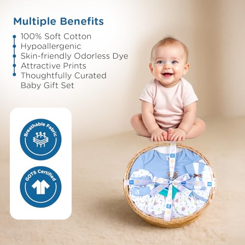 Mee Mee New Born Basket Baby Gift Set | Soft Cotton Clothing Essentials for Infants/Baby Girls, Boys | Baby Shower Clothing Hamper | 8 Pieces | (Round, Blue) - Image 5
