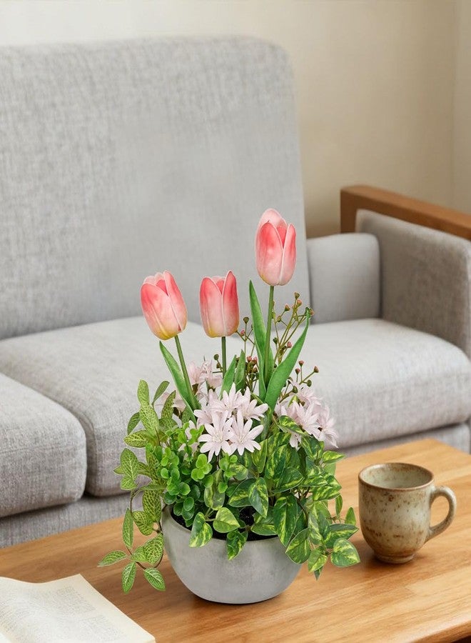 GnFlus Flower Centerpieces 10.6" Artificial Plants & Flowers in Pot Mixed Artificial Tulip with Pink Flowers Green Plant, Realistic Farmhouse Flowers Arrangements for Table Office Desk Kitchen Home Decor - Image 3