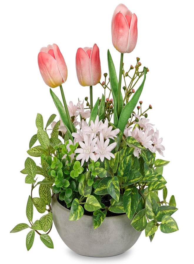 GnFlus Flower Centerpieces 10.6" Artificial Plants & Flowers in Pot Mixed Artificial Tulip with Pink Flowers Green Plant, Realistic Farmhouse Flowers Arrangements for Table Office Desk Kitchen Home Decor - Image 1