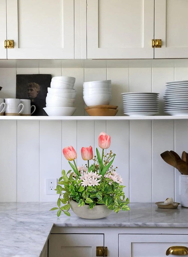 GnFlus Flower Centerpieces 10.6" Artificial Plants & Flowers in Pot Mixed Artificial Tulip with Pink Flowers Green Plant, Realistic Farmhouse Flowers Arrangements for Table Office Desk Kitchen Home Decor - Image 4